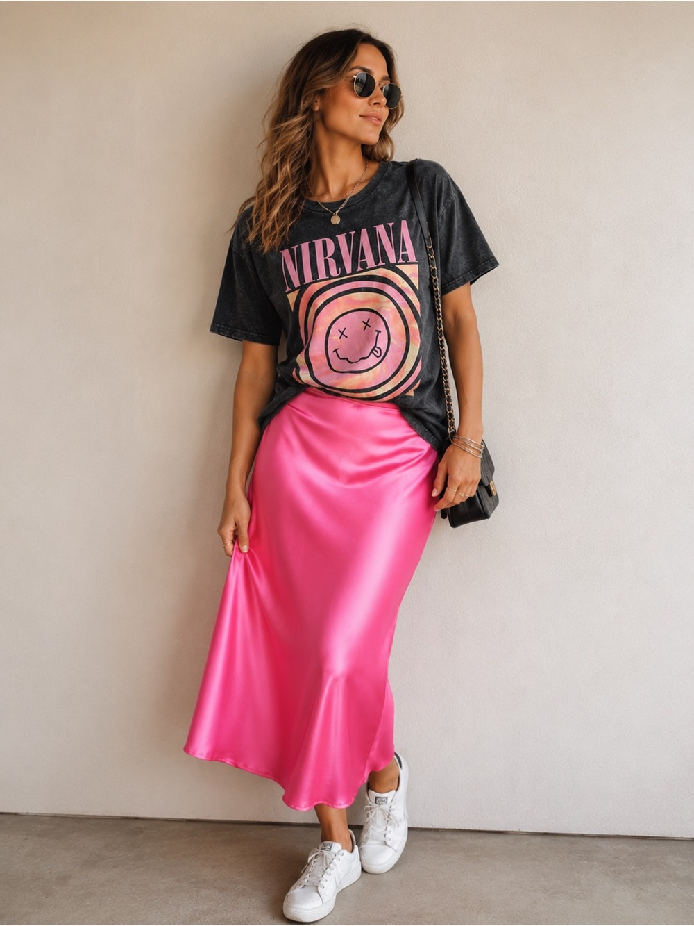 Nirvana Pink Tie-Dye Smiley Graphic Band Tee Acid Wash Black pink Rock T-Shirt